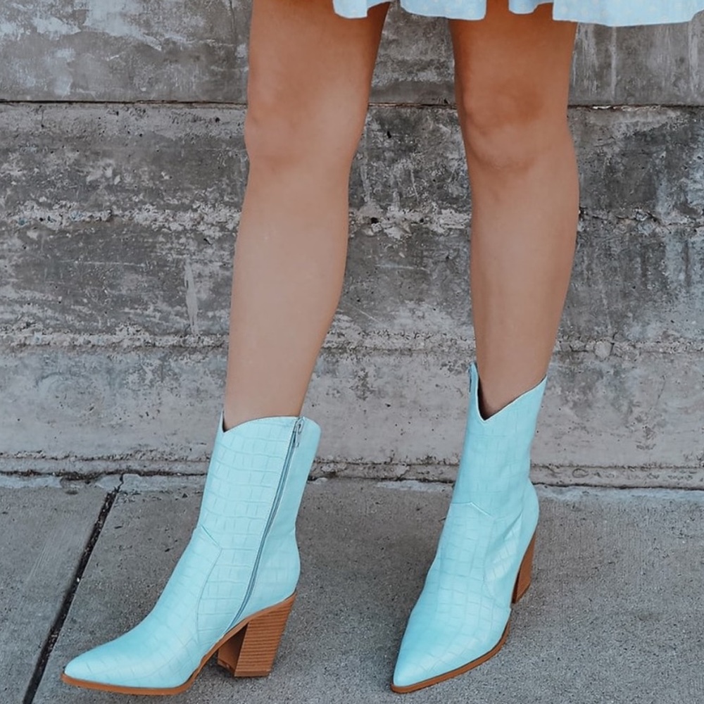Blue Crocodile-Embossed Mid-Calf High Heel Boots - Picture 2 of 4